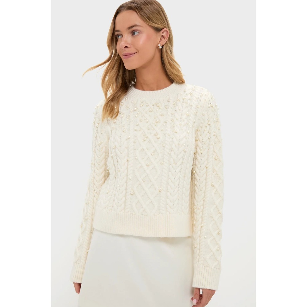 Tuckernuck Hyacinth House Ivory Pearl Embellished Cable Knit Sweater Small